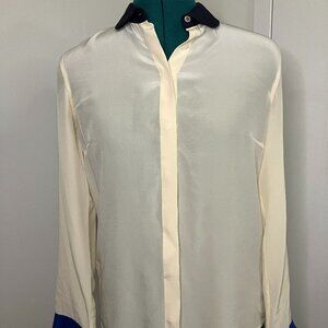Club Monaco 100% Silk Cream Button Down Black Collar Blue Sleeves Classic